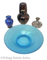 Avventurina Murano Glass Carafe, Iridescent Blue Frosted Bowl, & Other Glass