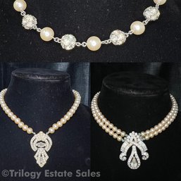 Vintage Rhinestone And Faux Pearl Brooch Necklaces