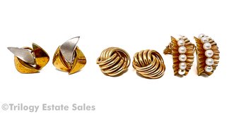 Three Pairs 14kt Gold Clip-On Earrings