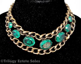 Joseff Of Hollywood Necklace With Double Chain And Emerald Green Faceted Glass Stones