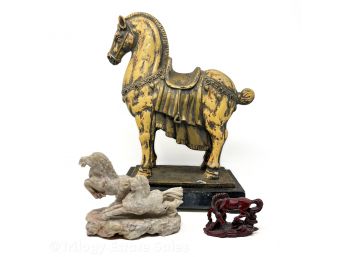 Three Chinese Horse Statues Rosewood-Look Resin, Stone, Painted Plaster