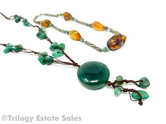 Green Stone And Faux Amber Necklaces