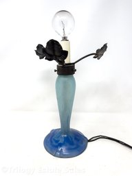 Antique Pate De Verre Blue Glass Lamp With Metal Collar And Brackets