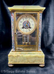 French H&H Champleve Crystal Regulator Mantle Clock On Green Alabaster Base And Brass Hardware
