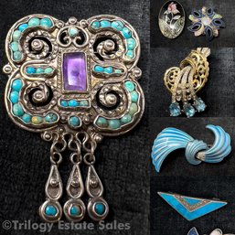 Vintage Signed Matl Matilde Poulat Sterling And Turquoise Brooch And Other Blue-stoned Brooches