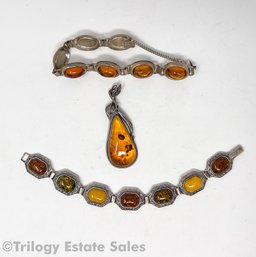 Amber Pendant And Two Bracelets, One With Butterscotch Amber