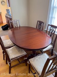 Duncan Phyfe Style Double Pedestal Oval Mahogany Table With Six Chairs