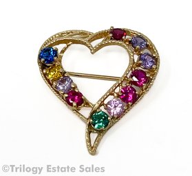 14kt Gold Heart-Shaped Brooch With Multi-color Semi-precious Stones