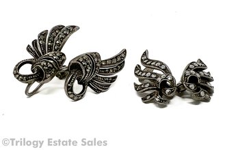 Two Pairs Vintage 835 Silver And Marcasite Clip-On Earrings