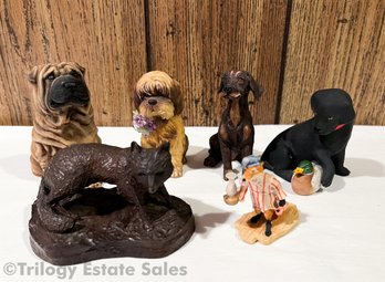 Four Dogs And Two Fox Figurines