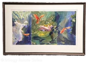 P.C. Lawson Koi Monotype Triptych Signed VERY LARGE: 55.5' X 37'