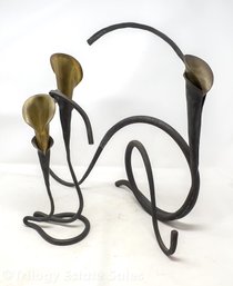 Jack Brubaker Wrought Iron And Brass Candlesticks, Abstract Snail And Calla Lily Forms