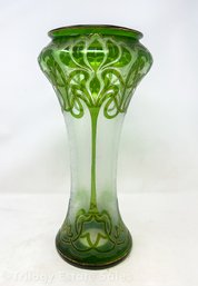 Honesdale Art Glass By Dorflinger White Acid Cut Ground With Green Art Nouveau Overlay, Gold Stencil Highlight