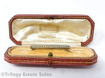 Antique 14kt Gold And Seed Pearl Bar Pin In Cartier Box