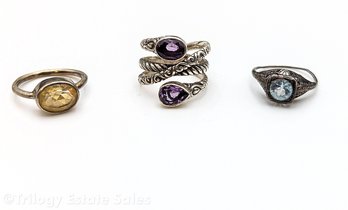 Three Sterling Silver Rings With Semi-Precious Faceted Stones