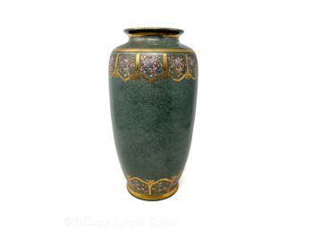 Green Vase With Purple Flowers Gold Enameled Trim 14'