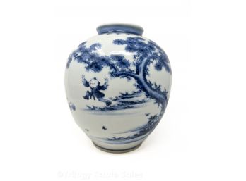 Blue Chinese Urn With Boys Chasing Butterflies