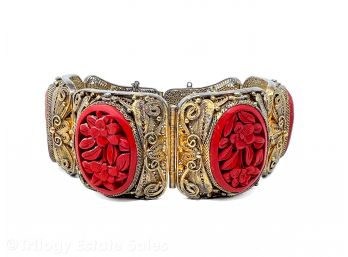 Chinese Export Gold Vermeil Cinnabar Bracelet