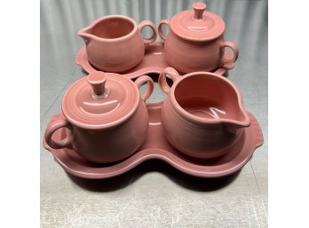 Two Fiesta Rose Covered Sugar, Creamer & Tray Sets - Sugar Bowls Have Larger Knob