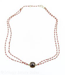 Neiman Marcus Double Strand Necklace With Small Red Beads And Smoky Topaz Center Stone