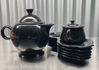 Fiesta Black Teapot, Covered Sugar And 5 Trays