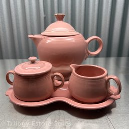 Fiesta Rose Teapot & Lid (CHIPPED) With Covered Sugar, Creamer And Tray