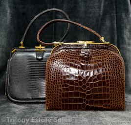 Vintage Lucille De Paris Brown Crocodile & Black Artcraft Embossed Leather Hand Bags