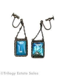 Antique Sterling Silver And Blue Morpho Butterlfy Wing Screw Back Dangle Earrings