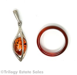 Carnelian Size 7.5 Ring & Amber Sterling Silver Pendant