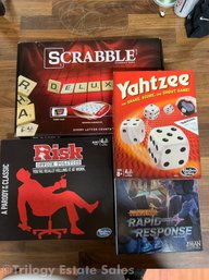 Games: SEALED NIB Scrabble Deluxe With Spinning Board, Risk Office Politics, Pandemic Rapid Response And Yahtzee