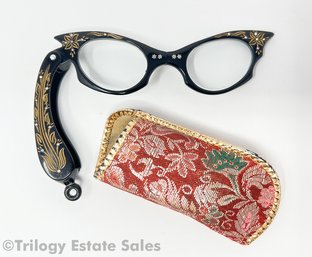 Vintage 50s Cateye Folding Lorgnette With Case