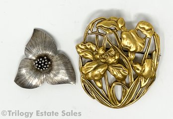 HNOC Gold-Tone Iris Brooch And Mexican Sterling Silver Flower Brooch