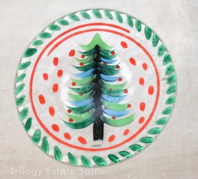 Kosta Boda Hand Painted Christmas Tree Glass Torte Plate Signed