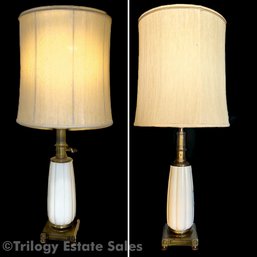 Pair White Lobed Form Lamps Brass Hardware