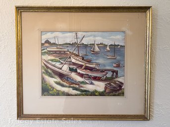 Matene Rachotes Signed Watercolor & Guache Painting Of Boats At Anchor