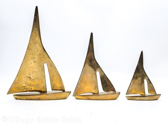 Midcentury Set Of Three Polished Brass Sailboats