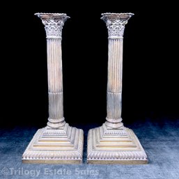 Matched Pair 1902 English Sterling Silver 11' Corinthian Column Candlesticks