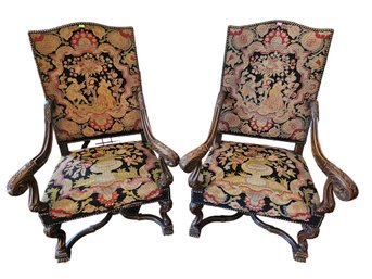 Pair 19th C. Kreiger Of Paris Jacobean Style Walnut Armchair