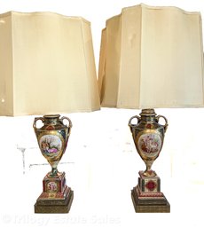 Pair C. 1900 Austrian Hand-Painted Urns Converted Into Lamps