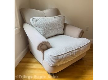 Grey Checked Overstuffed Upholstered Chair