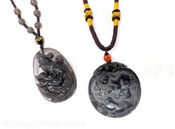 Two Adjustable Length Cord Necklaces With Chinese Carved Stone Pendants