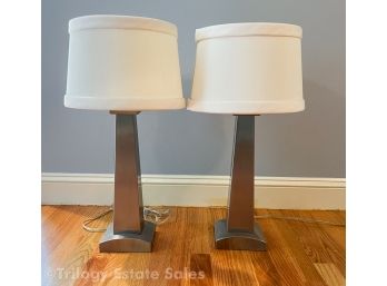 PAIR Brushed Nickel Tapered Square Column Table Lamps