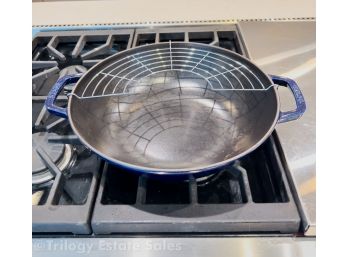 Staub Cobalt Blue #30 Enameled Cast Iron Wok With Steaming Rack