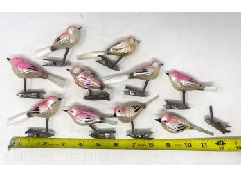 Vintage Glass Pink Bird Clip-On Christamas Ornaments 10 Total