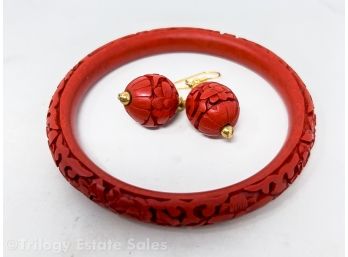 Cinnabar Bracelet And Earrings