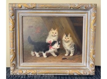 Kittens With Bee Framed Oil Painting Signed Sophie Sperlich (German 1863-1906)