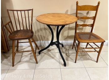 Antique Cast Iron Table Base, Cohasset Classics By Haggerty Highchair And Birdseye Maple Ladderback Chair