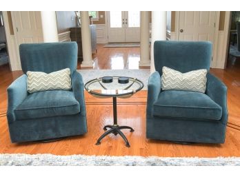 Pair Arhaus Cerulean Velvet Upholstered Swivel Chairs