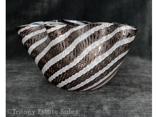 Italian Black And White Cut Glass Lattacino Ruffled Edge Bowl