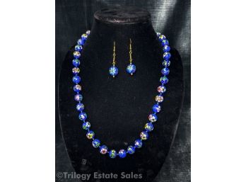 Cobalt Blue Cloisonne Bead Necklace & Matching Dangle Earrings With White Pink And Green Flowers